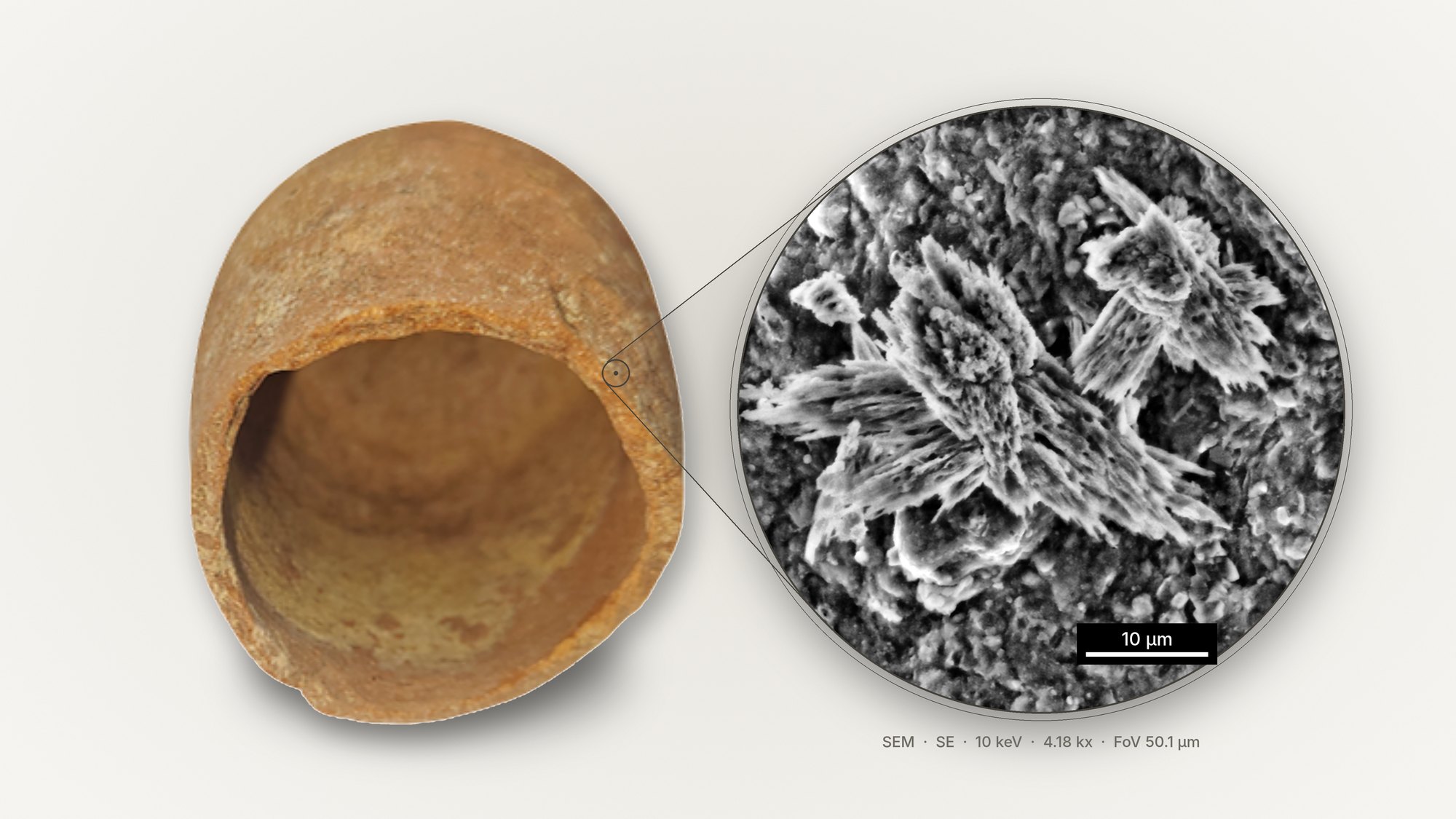 Juglet from Tel Shiqmona beside a scanning electron micrograph of its fabric, showing a cluster of bladed crystals; scale bar 10 micrometres